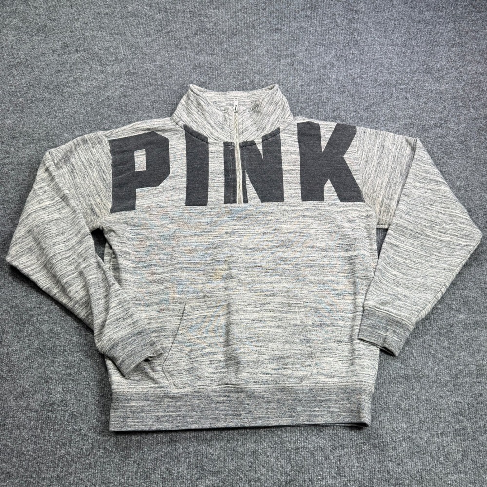 PINK Victoria Secret Quarter Zip Pullover Womens XS Gray Marl‎ Logo Sweatshirt